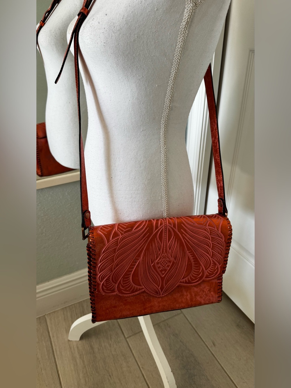 Patricia Nash Metallic Copper Floral Embossed Leather Crossbody Bag